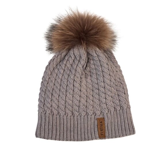 Furtalk Gray Knitted Winter Beanie With Faux Fur Pom-Pom Women's One Size - Picture 1 of 6